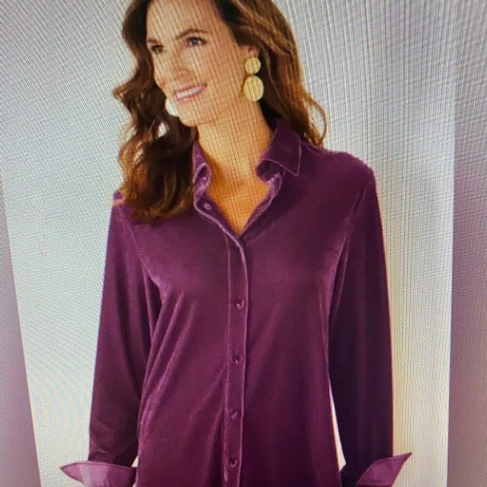 SOFT SURROUNDINGS Dark Purple Velvet Button Boyfriend Tunic Blouse Shirt - M